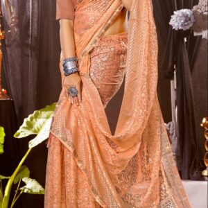 elegant peach orange woven design saree with rich border | premium party & festive wear saree for women